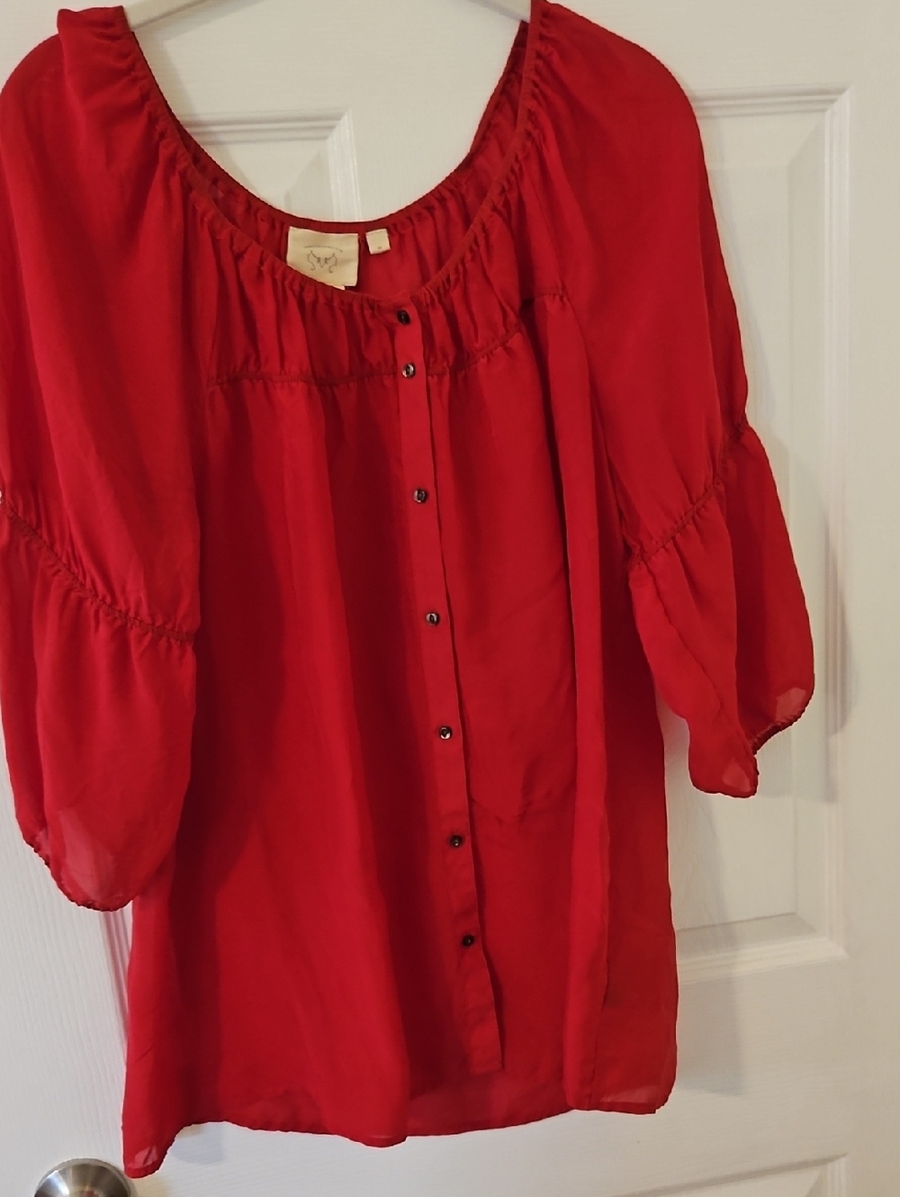 Red Button-Front Peasant Blouse with Scoop Neck